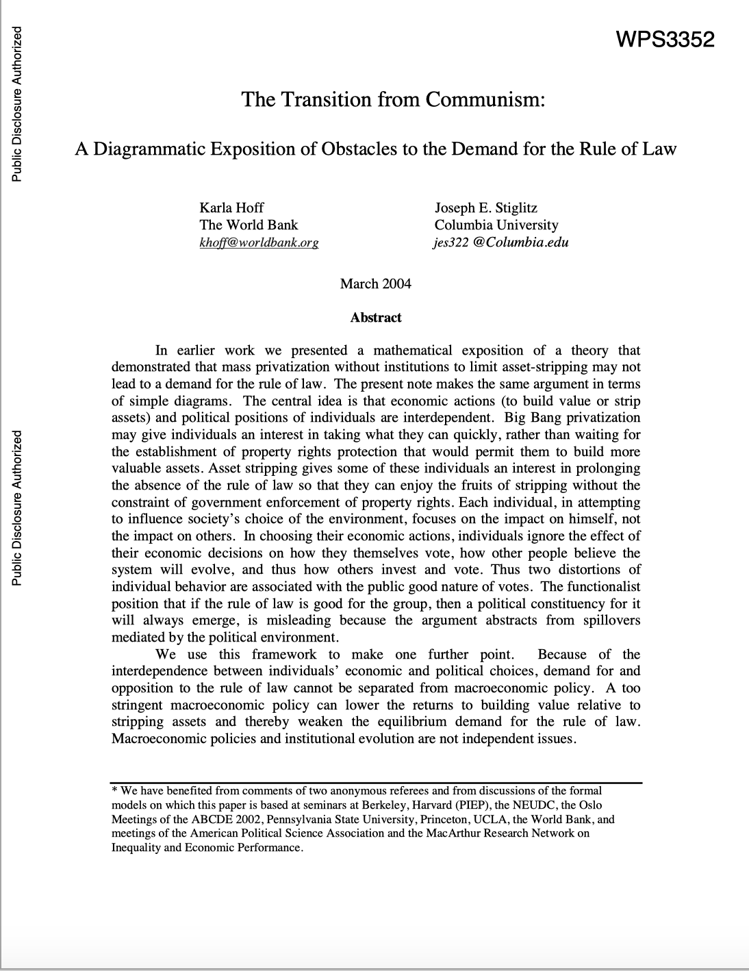 The Transition From Communism:  A Diagrammatic Exposition Of Obstacles To The Demand For The Rule Of Law